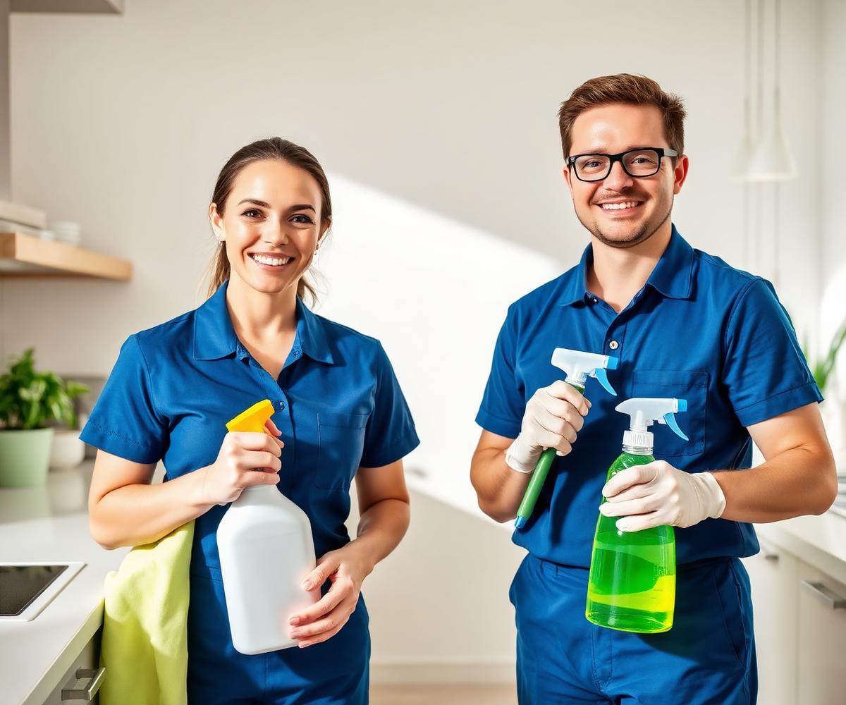 Two Elite Shine cleaners with eco-friendly supplies in a bright kitchen