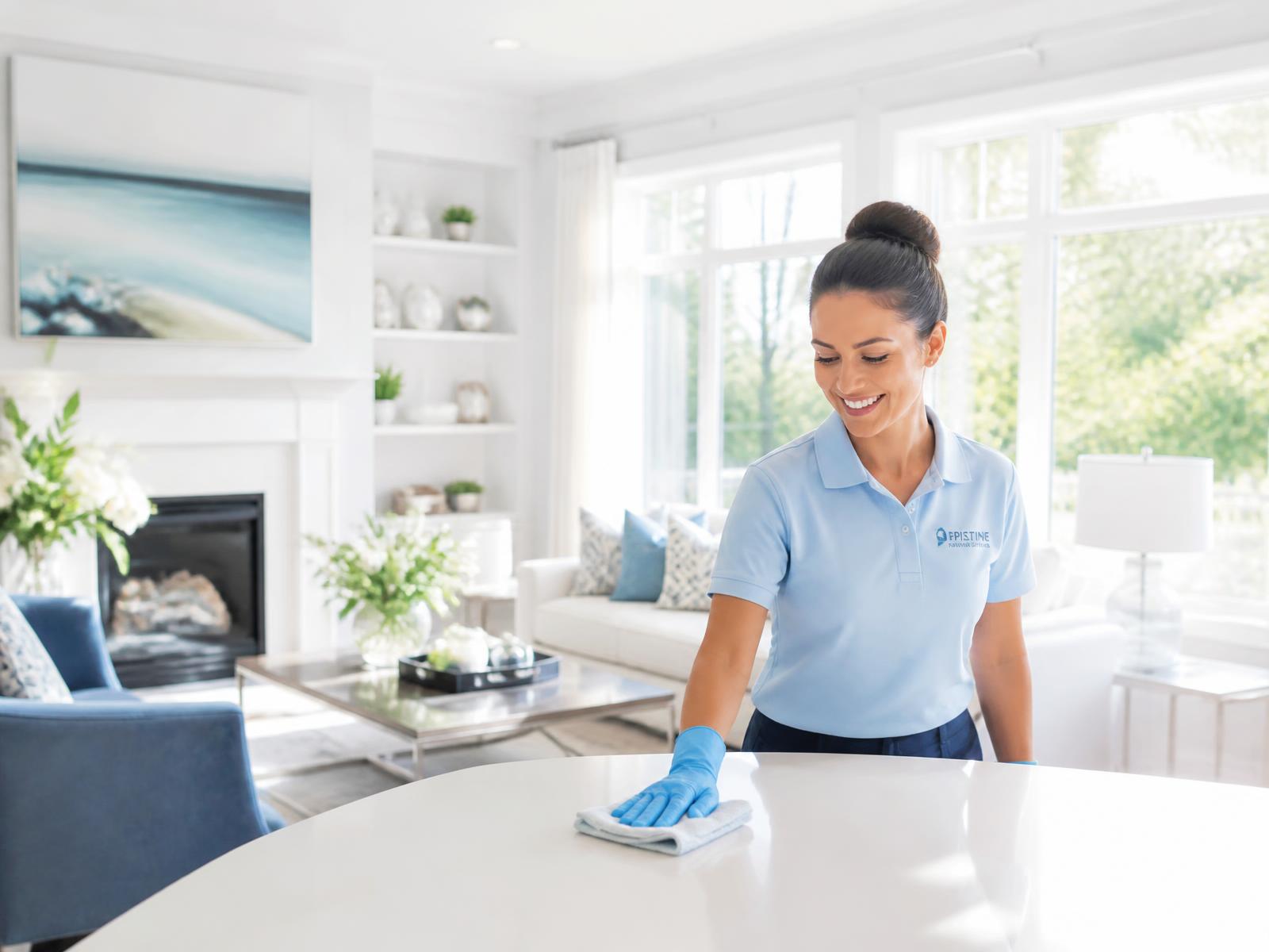 Professional cleaner polishing a table in a bright, spotless living room